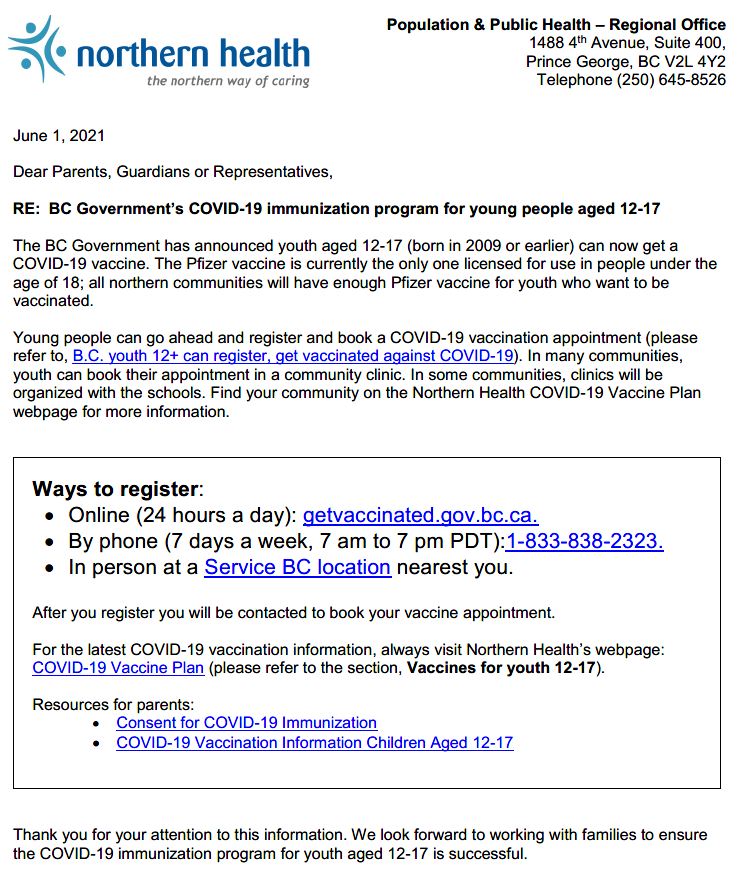 Youth Immunization Letter from Northern Health - Peace River North ...